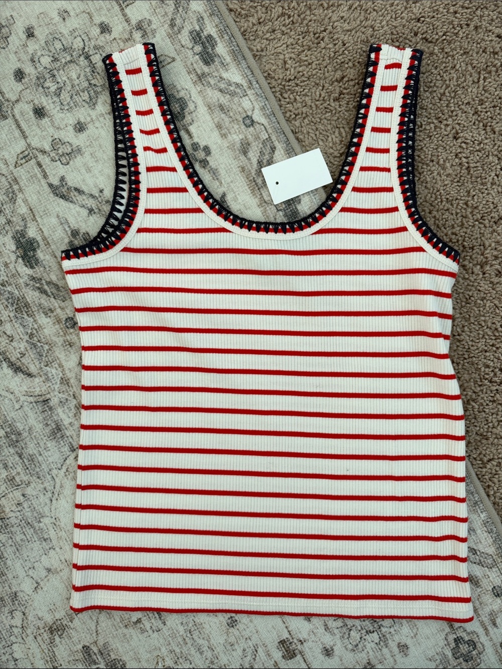 J. Crew Red & White Striped Ribbed Tank with Black Trim